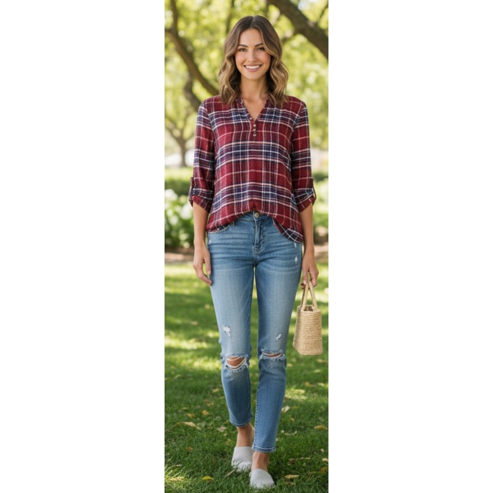 Talbots Factory Split neck 3/4 Sleeve Flannel top Red Size SP